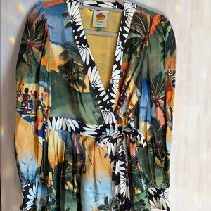 FARM Rio Multicolor Palm-Scene Wrap Blouse with Black & White Trim